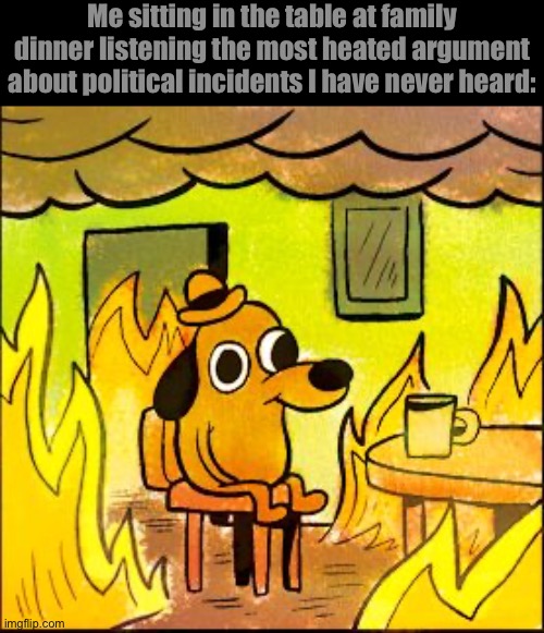 This is fine | Me sitting in the table at family dinner listening the most heated argument about political incidents I have never heard: | image tagged in this is fine | made w/ Imgflip meme maker