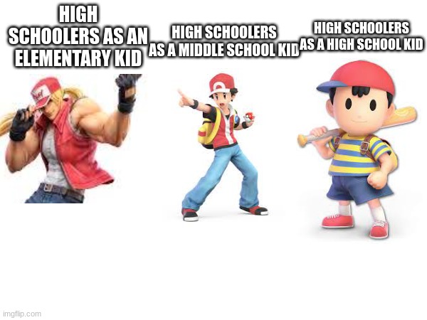 when you get in highschool you realise that they act just like 5th graders with an advanced mindset. | HIGH SCHOOLERS AS A MIDDLE SCHOOL KID; HIGH SCHOOLERS AS AN ELEMENTARY KID; HIGH SCHOOLERS AS A HIGH SCHOOL KID | image tagged in oh wow are you actually reading these tags | made w/ Imgflip meme maker