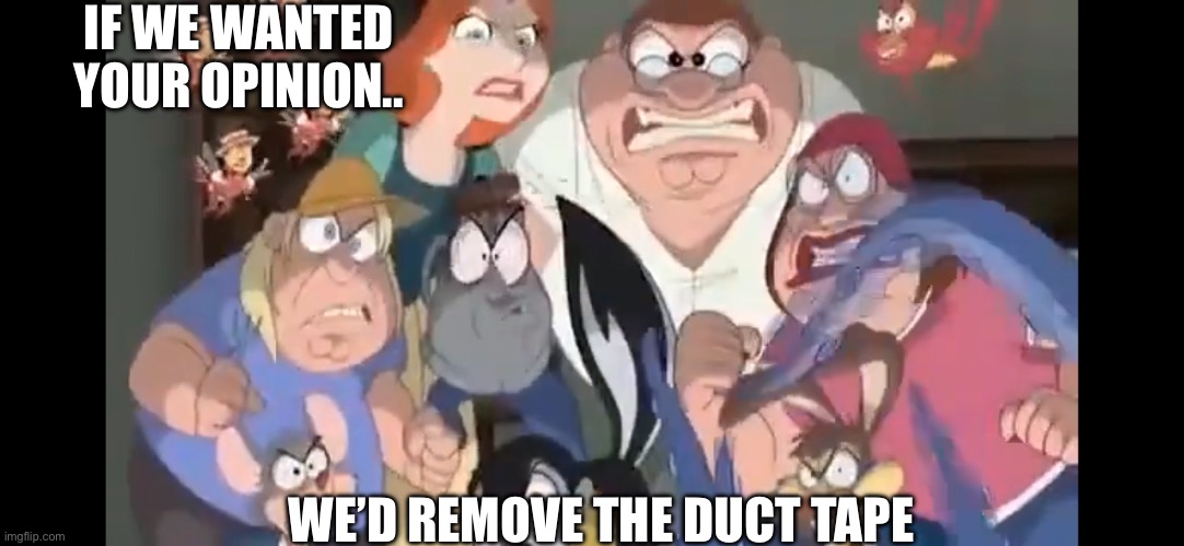 IF WE WANTED YOUR OPINION.. WE’D REMOVE THE DUCT TAPE | image tagged in family guy,angry | made w/ Imgflip meme maker