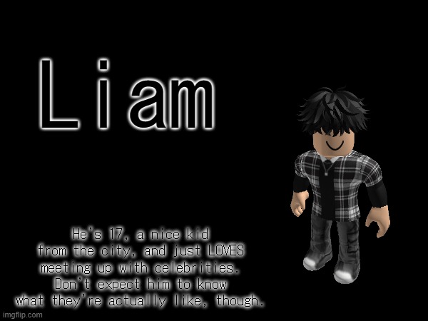 Liam He's 17, a nice kid from the city, and just LOVES meeting up with celebrities. Don't expect him to know what they're actually like, tho | made w/ Imgflip meme maker