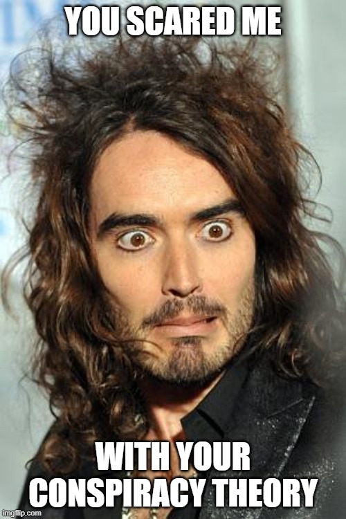 Dismayed Russell Brand | YOU SCARED ME; WITH YOUR CONSPIRACY THEORY | image tagged in dismayed russell brand | made w/ Imgflip meme maker