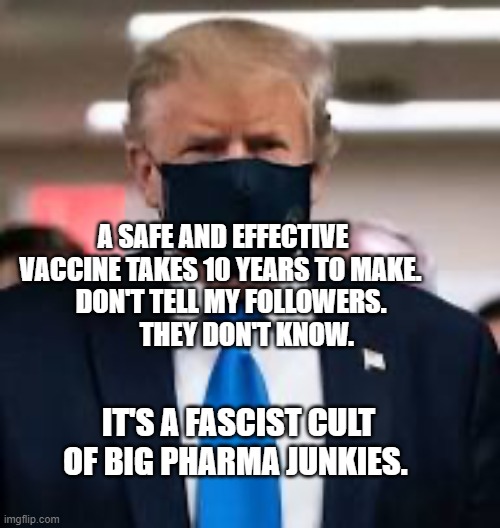 Trump Mask | A SAFE AND EFFECTIVE VACCINE TAKES 10 YEARS TO MAKE. 
   DON'T TELL MY FOLLOWERS.           THEY DON'T KNOW. IT'S A FASCIST CULT OF BIG PHARMA JUNKIES. | image tagged in trump mask | made w/ Imgflip meme maker