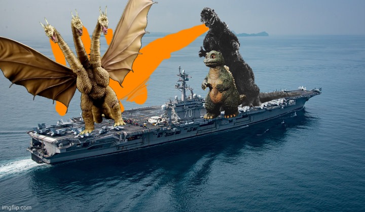 Godzilla Against King Ghidorah | image tagged in aircraft carrier | made w/ Imgflip meme maker