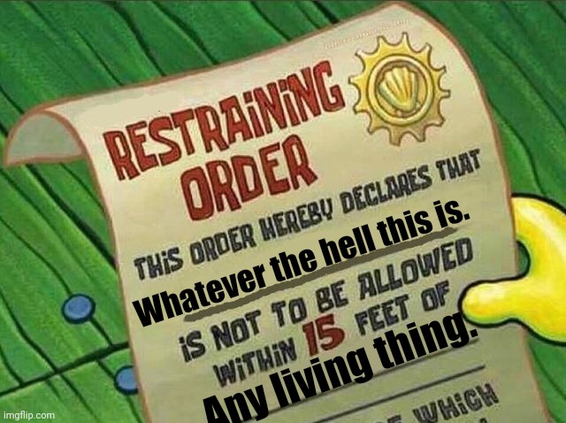 Restraining Order | Whatever the hell this is. Any living thing. | image tagged in restraining order | made w/ Imgflip meme maker