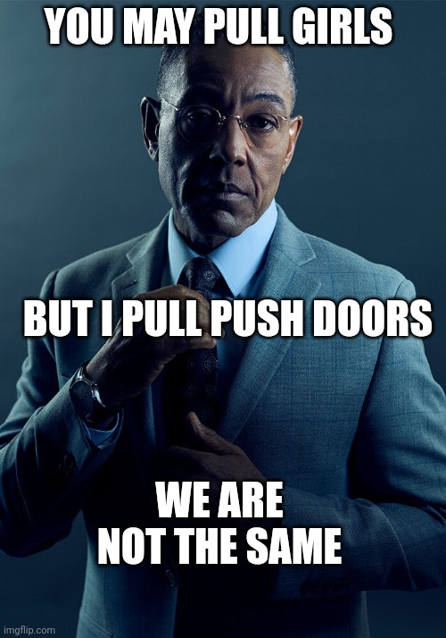 This is the way | YOU MAY PULL GIRLS; BUT I PULL PUSH DOORS; WE ARE NOT THE SAME | image tagged in gus fring we are not the same,relatable,memes,gus fring | made w/ Imgflip meme maker
