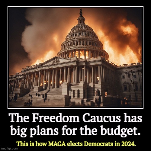 That's Josh Hawley running down the steps. | The Freedom Caucus has big plans for the budget. | This is how MAGA elects Democrats in 2024. | image tagged in funny,demotivationals,government,shut,down,maga | made w/ Imgflip demotivational maker