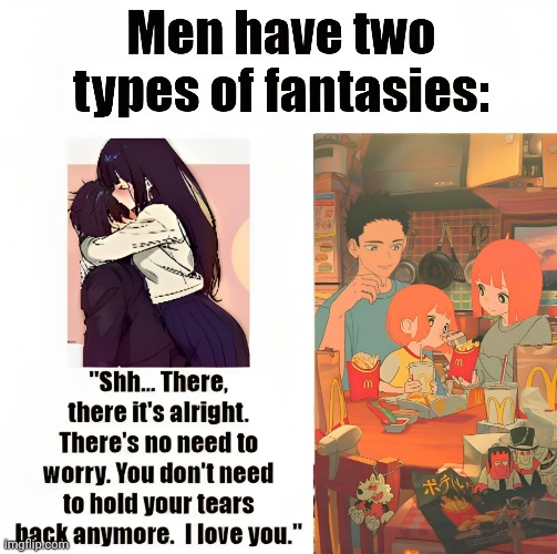Men have two types of fantasies | image tagged in wholesome content | made w/ Imgflip meme maker
