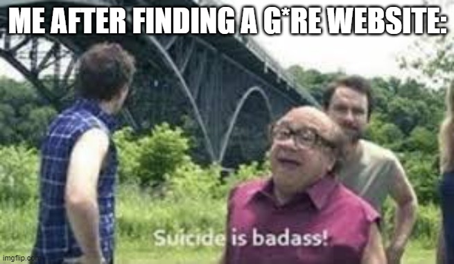 I'm not encouraging it, DON'T DO IT. You're more than you think in the eyes of us and God | ME AFTER FINDING A G*RE WEBSITE: | image tagged in suicide is badass | made w/ Imgflip meme maker
