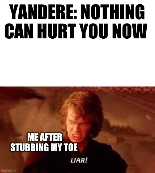Made this for fun | YANDERE: NOTHING CAN HURT YOU NOW; ME AFTER STUBBING MY TOE | image tagged in anakin liar | made w/ Imgflip meme maker