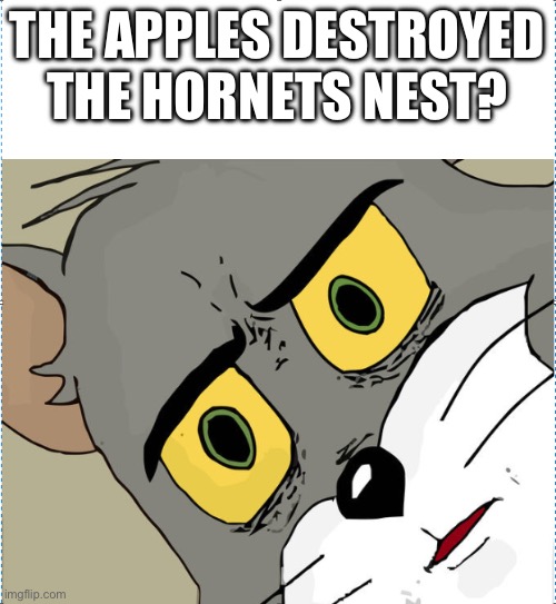 Unsettled Tom | THE APPLES DESTROYED THE HORNETS NEST? | image tagged in unsettled tom | made w/ Imgflip meme maker