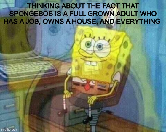 It really is hard to comprehend | THINKING ABOUT THE FACT THAT SPONGEBOB IS A FULL GROWN ADULT WHO HAS A JOB, OWNS A HOUSE, AND EVERYTHING | image tagged in spongebob panic inside,spongebob | made w/ Imgflip meme maker
