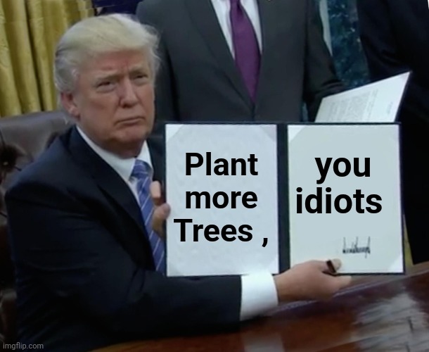 Trump Bill Signing Meme | Plant more Trees , you idiots | image tagged in memes,trump bill signing | made w/ Imgflip meme maker