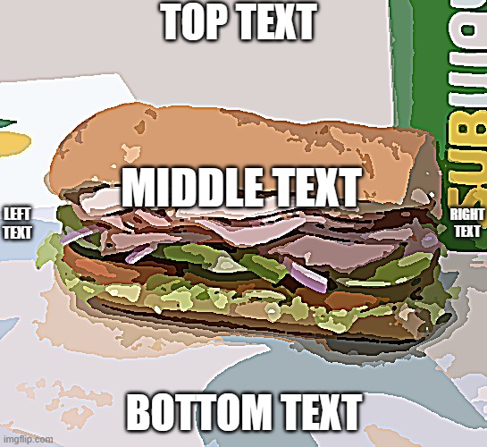 Subway sandwich | TOP TEXT; RIGHT TEXT; LEFT TEXT; MIDDLE TEXT; BOTTOM TEXT | image tagged in subway sandwich | made w/ Imgflip meme maker