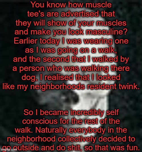 . | You know how muscle tee's are advertised that they will show of your muscles and make you look masculine? Earlier today I was wearing one as I was going on a walk, and the second that I walked by a person who was walking there dog, I realised that I looked like my neighborhoods resident twink. So I became incredibly self conscious for the rest of the walk. Naturally everybody in the neighborhood collectively decided to go outside and do shit, so that was fun. | image tagged in skull | made w/ Imgflip meme maker