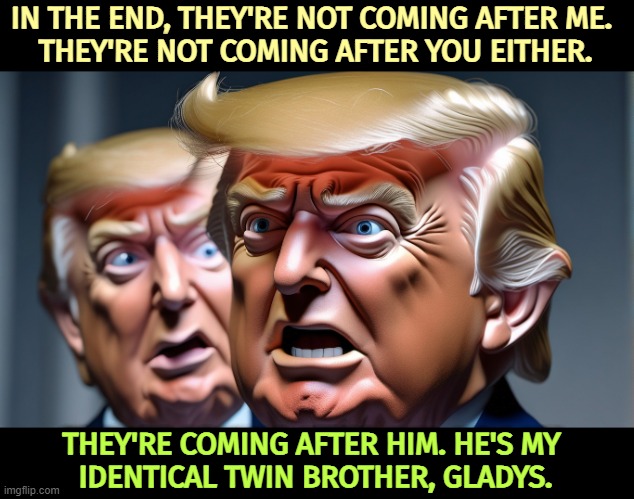 IN THE END, THEY'RE NOT COMING AFTER ME. 
THEY'RE NOT COMING AFTER YOU EITHER. THEY'RE COMING AFTER HIM. HE'S MY 
IDENTICAL TWIN BROTHER, GLADYS. | image tagged in donald trump,twins | made w/ Imgflip meme maker