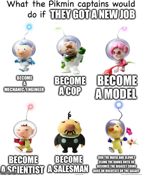 What would the pikmin captains do if | THEY GOT A NEW JOB; BECOME A COP; BECOME A MODEL; BECOME A MECHANIC/ENGINEER; BECOME A SALESMAN; JOIN THE MAFIA AND SLOWLY CLIMB THE RANKS UNTIL HE BECOMES THE BIGGEST CRIME BOSS ON HOCOTATE OR THE GALAXY; BECOME A SCIENTIST | image tagged in what would the pikmin captains do if | made w/ Imgflip meme maker