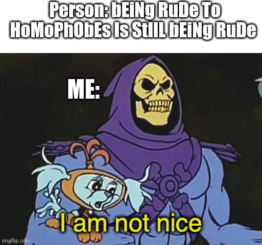 I can do a killer skeletor impression. | Person: bEiNg RuDe To HoMoPhObEs Is StIlL bEiNg RuDe; ME: | image tagged in blank white template,skeletor i am not nice | made w/ Imgflip meme maker