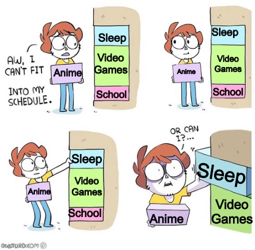 Schedule meme | Sleep Sleep Video Games School Video Games School Sleep Video Games School Anime Anime Anime Anime Sleep Video Games | image tagged in schedule meme | made w/ Imgflip meme maker