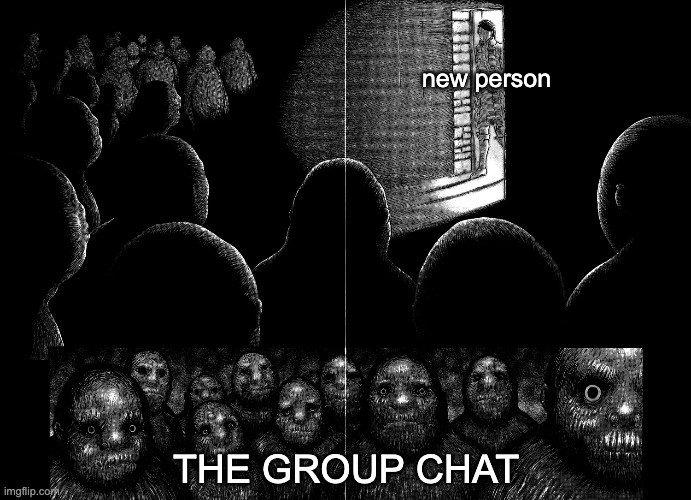 new person enters the group chat | new person; THE GROUP CHAT | image tagged in group chats,me and the boys | made w/ Imgflip meme maker
