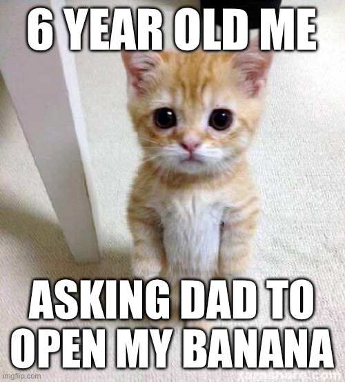 Did anyone else have weak hands? | 6 YEAR OLD ME; ASKING DAD TO OPEN MY BANANA | image tagged in memes,cute cat,childhood,banana,weak,kids | made w/ Imgflip meme maker