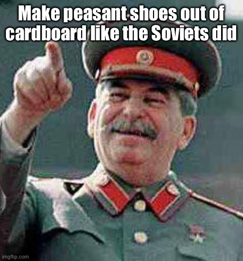 Stalin says | Make peasant shoes out of cardboard like the Soviets did | image tagged in stalin says | made w/ Imgflip meme maker