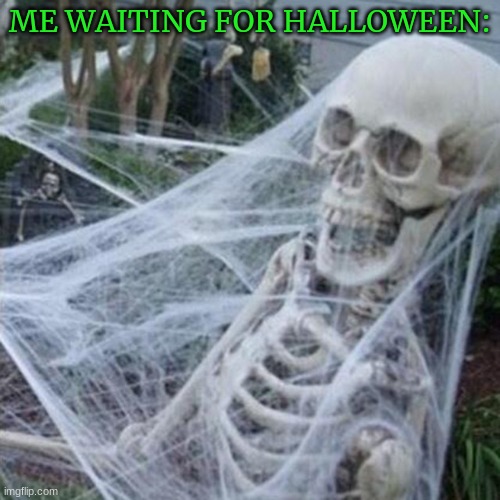 It's finally almost here! | ME WAITING FOR HALLOWEEN: | image tagged in skeleton with spider web | made w/ Imgflip meme maker