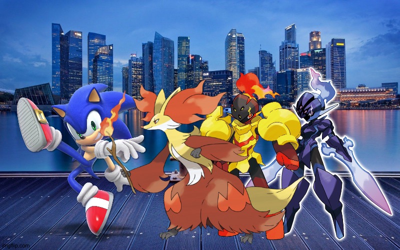Sonic,Delpox,Armarouge and Ceruledge enjoying a big city adventure | image tagged in city background,crossover,pokemon,sonic the hedgehog | made w/ Imgflip meme maker