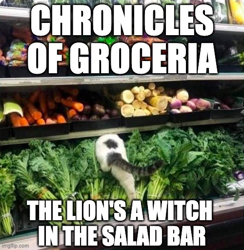 Chronicles of Groceria | CHRONICLES
OF GROCERIA; THE LION'S A WITCH 
IN THE SALAD BAR | image tagged in narnia,cat | made w/ Imgflip meme maker
