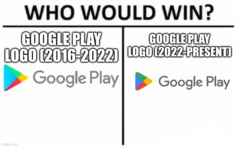 Who Would Win? Meme | GOOGLE PLAY LOGO (2022-PRESENT); GOOGLE PLAY LOGO (2016-2022) | image tagged in memes,who would win,google | made w/ Imgflip meme maker