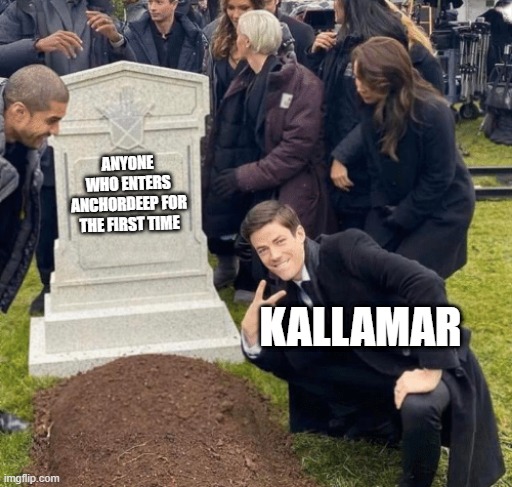 Grant Gustin over grave | ANYONE WHO ENTERS ANCHORDEEP FOR THE FIRST TIME; KALLAMAR | image tagged in grant gustin over grave,cult of the lamb | made w/ Imgflip meme maker