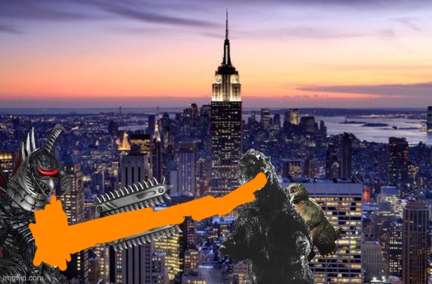 Godzilla and Godzilla Junior Vs Gigan | image tagged in new york city,godzilla,gigan,colossal kaiju combat | made w/ Imgflip meme maker