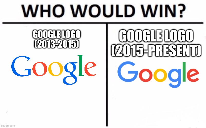 Who Would Win? | GOOGLE LOGO (2015-PRESENT); GOOGLE LOGO (2013-2015) | image tagged in memes,who would win,google | made w/ Imgflip meme maker