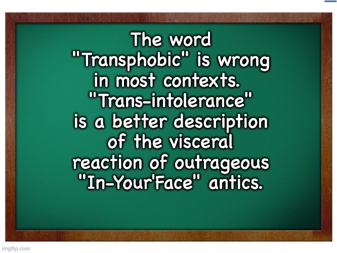 Trans | The word "Transphobic" is wrong in most contexts.  "Trans-intolerance" is a better description of the visceral reaction of outrageous "In-Your'Face" antics. | image tagged in green blank blackboard,transphobic | made w/ Imgflip meme maker