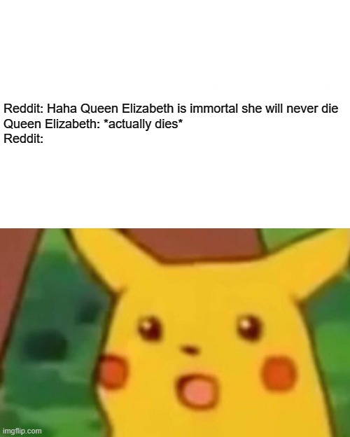 Surprised Pikachu | Reddit: Haha Queen Elizabeth is immortal she will never die

Queen Elizabeth: *actually dies*

Reddit: | image tagged in memes,surprised pikachu | made w/ Imgflip meme maker