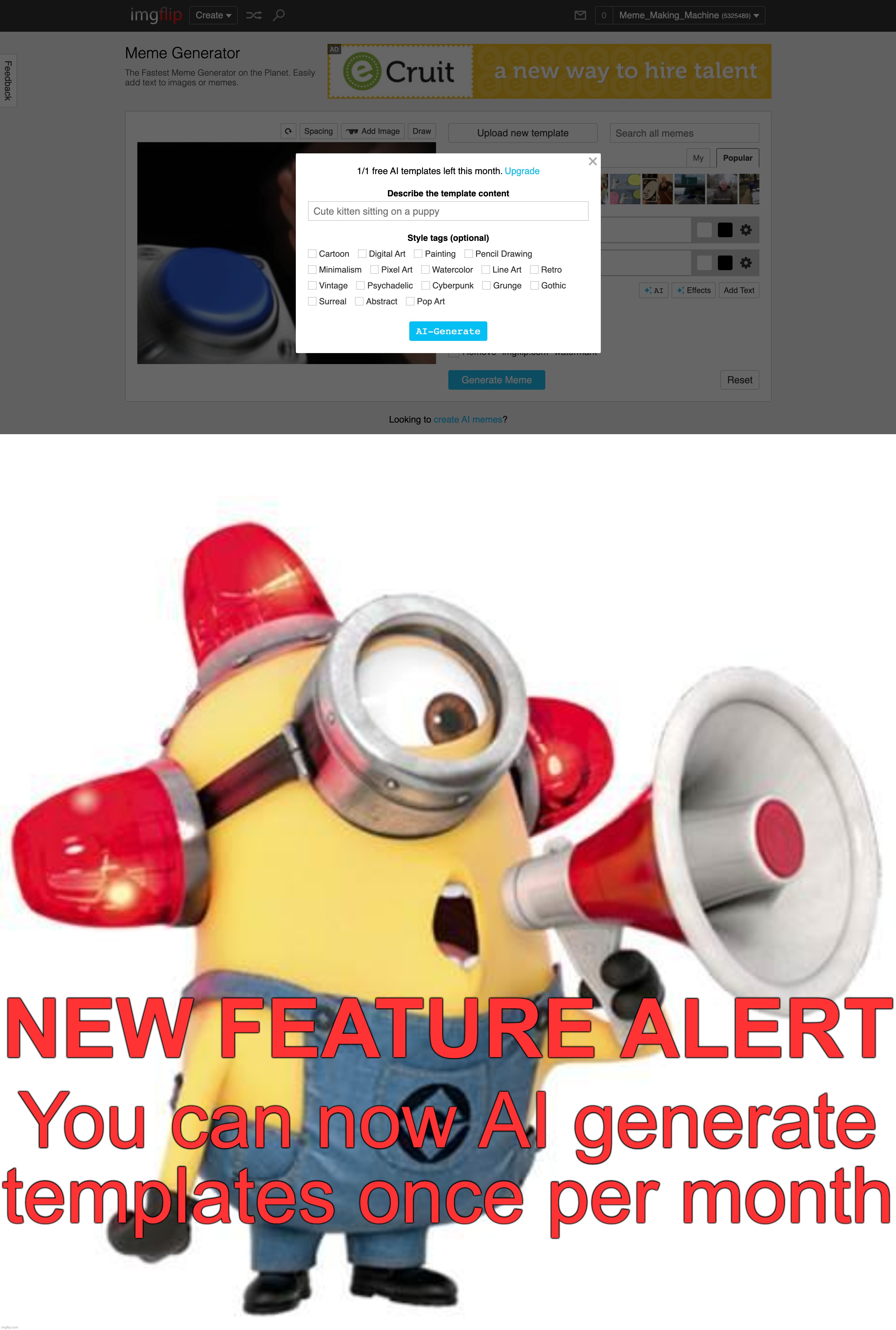 NEW FEATURE ALERT; You can now AI generate templates once per month | image tagged in minion alert | made w/ Imgflip meme maker