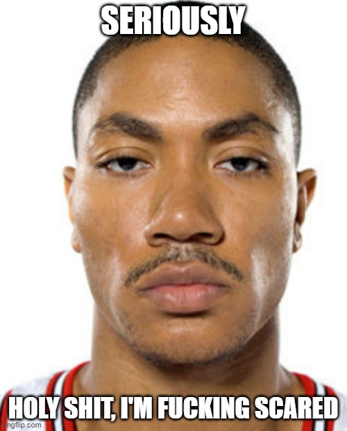 Derrick Rose Straight Face | SERIOUSLY HOLY SHIT, I'M FUCKING SCARED | image tagged in derrick rose straight face | made w/ Imgflip meme maker