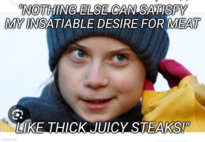 "NOTHING ELSE CAN SATISFY MY INSATIABLE DESIRE FOR MEAT LIKE THICK JUICY STEAKS!" | made w/ Imgflip meme maker