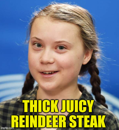 Greta Pooped | THICK JUICY REINDEER STEAK | image tagged in greta pooped | made w/ Imgflip meme maker