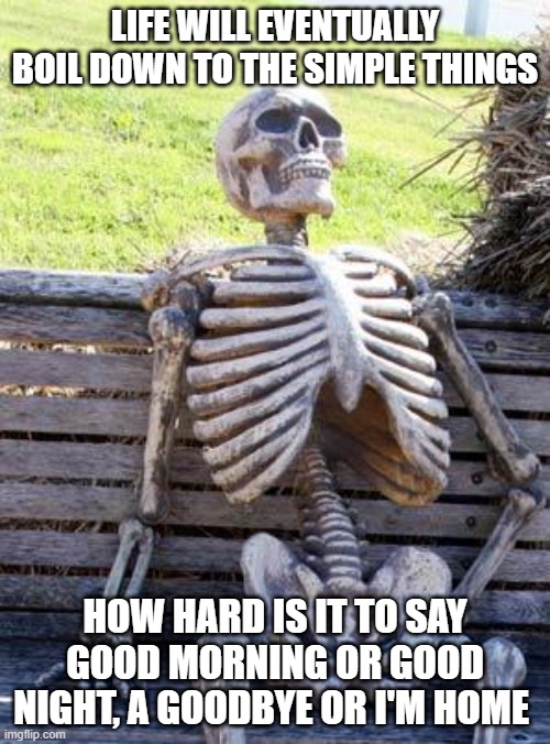 A little effort | LIFE WILL EVENTUALLY BOIL DOWN TO THE SIMPLE THINGS; HOW HARD IS IT TO SAY GOOD MORNING OR GOOD NIGHT, A GOODBYE OR I'M HOME | image tagged in memes,waiting skeleton | made w/ Imgflip meme maker