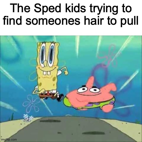 Has happened lol | The Sped kids trying to find someones hair to pull | image tagged in spongebob and patrick running | made w/ Imgflip meme maker