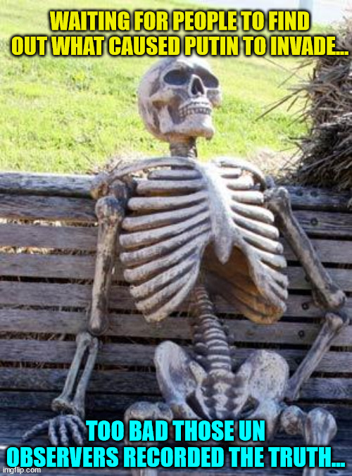 Waiting Skeleton Meme | WAITING FOR PEOPLE TO FIND OUT WHAT CAUSED PUTIN TO INVADE... TOO BAD THOSE UN OBSERVERS RECORDED THE TRUTH... | image tagged in memes,waiting skeleton | made w/ Imgflip meme maker