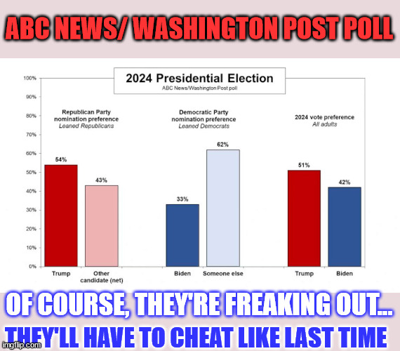 Looks like they're going to have to cheat even more this time... | ABC NEWS/ WASHINGTON POST POLL; OF COURSE, THEY'RE FREAKING OUT... THEY'LL HAVE TO CHEAT LIKE LAST TIME | image tagged in democrat,cheaters,election fraud | made w/ Imgflip meme maker