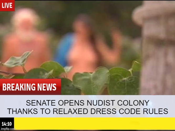 It Was Inevitiable | SENATE OPENS NUDIST COLONY THANKS TO RELAXED DRESS CODE RULES | image tagged in politics,senate | made w/ Imgflip meme maker