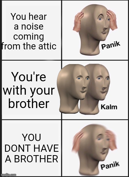 Panik Kalm Panik Meme | You hear a noise coming from the attic; You're with your brother; YOU DONT HAVE A BROTHER | image tagged in memes,panik kalm panik | made w/ Imgflip meme maker