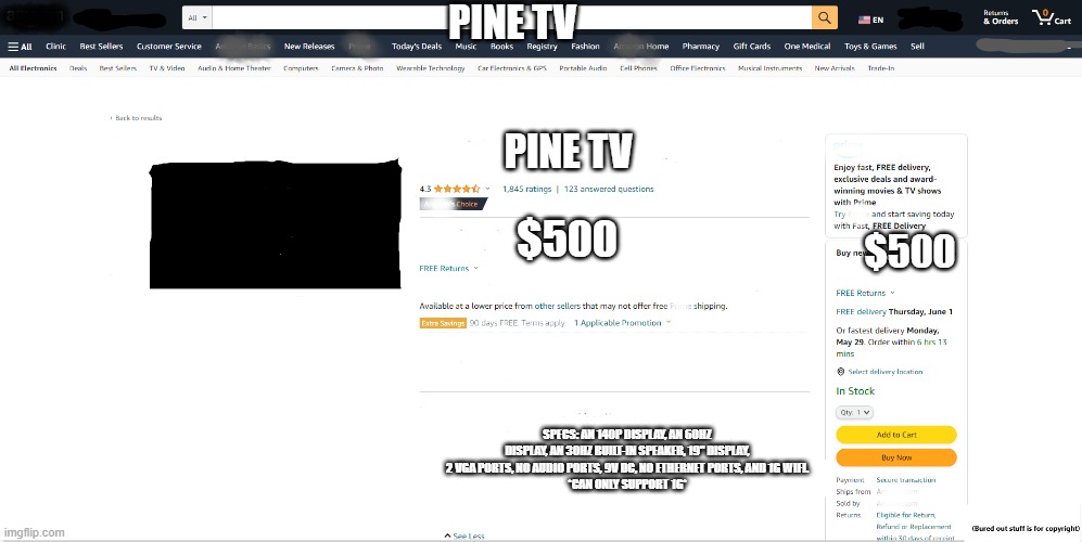 NGL this is what I see. | PINE TV; PINE TV; $500; $500; SPECS: AN 140P DISPLAY, AN 60HZ DISPLAY, AN 30HZ BUILT-IN SPEAKER, 19" DISPLAY, 2 VGA PORTS, NO AUDIO PORTS, 9V DC, NO ETHERNET PORTS, AND 1G WIFI.
*CAN ONLY SUPPORT 1G* | image tagged in amazoom meme,pine tv | made w/ Imgflip meme maker