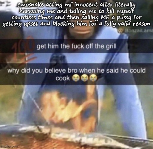 get him the fuck off the grill | emosnake acting mf innocent after literally harassing me and telling me to kill myself countless times and then calling ME a pussy for getting upset and blocking him for a fully valid reason | image tagged in get him the fuck off the grill | made w/ Imgflip meme maker