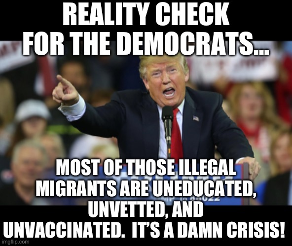 REALITY CHECK FOR THE DEMOCRATS…; MOST OF THOSE ILLEGAL MIGRANTS ARE UNEDUCATED, UNVETTED, AND UNVACCINATED.  IT’S A DAMN CRISIS! | image tagged in donald trump,maga,republicans,secure the border,illegal immigration,gop | made w/ Imgflip meme maker
