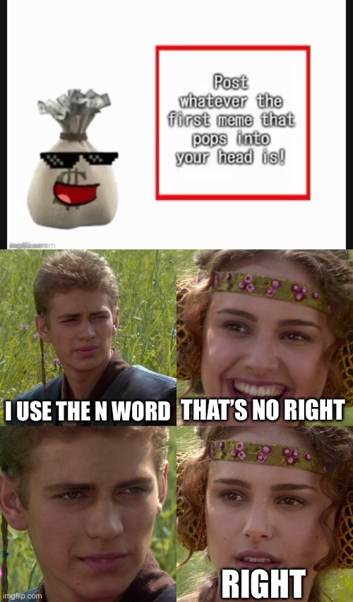 I know it’s really cringy but idfc | I USE THE N WORD; THAT’S NO RIGHT; RIGHT | image tagged in anakin padme 4 panel | made w/ Imgflip meme maker