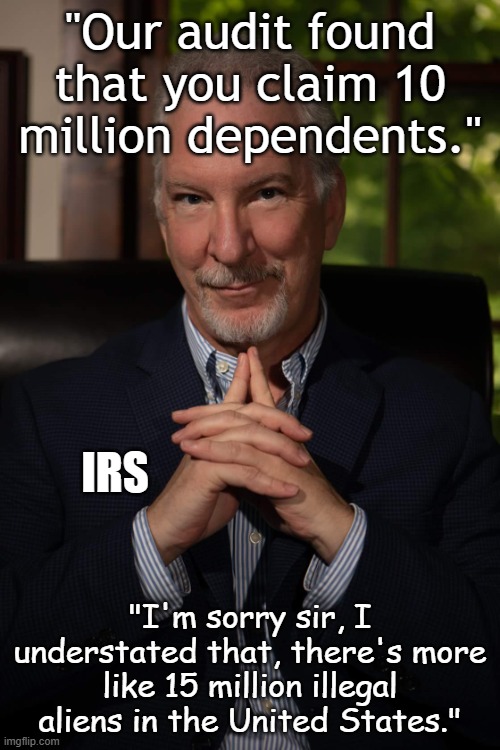 Illegals are told to claim 14 dependents so no taxes are withheld on their fake Social Security number. | "Our audit found that you claim 10 million dependents."; IRS; "I'm sorry sir, I understated that, there's more like 15 million illegal aliens in the United States." | image tagged in random audit pro | made w/ Imgflip meme maker