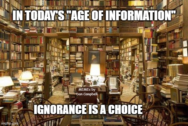 library | IN TODAY'S "AGE OF INFORMATION"; MEMEs by Dan Campbell; IGNORANCE IS A CHOICE | image tagged in library | made w/ Imgflip meme maker